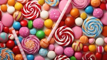 Various Tasty Sweets, Colourful Lollipops And Candies Background