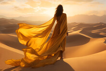 A woman in a long yellow, fluid and loose dress walking on the sand dunes, yellow and bronze colors