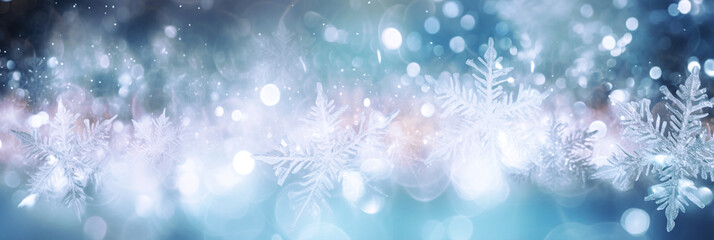 Wall Mural - Defocused Christmas background with snowflakes and bokeh lights. long banner. 