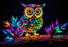 Glow-in-the-dark Lamp In The Form Of An Owl Perched On A Branch With Leaves. Night Light In Nature Style. Illustration For Cover, Card, Postcard, Interior Design, Decor Or Print.