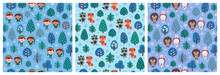 Christmas Scandinavian Seamless Pattern Collection With Winter Woodland Animals And Elves. Repeat Design Tile For Christmas Wrapping Paper, Textile Print, Fabric, Wallpaper. Bright Blue Teal Colors.