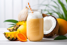 Orange, Mango, Carrots, Coconut,  Smoothie In The Glass Jar White Wooden Background 