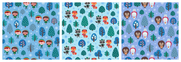 Wall Mural - Christmas scandinavian seamless pattern collection with winter woodland animals and elves. Repeat design tile for christmas wrapping paper, textile print, fabric, wallpaper. Bright blue teal colors.
