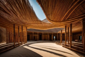 Wall Mural - In the heart of the desert, an architectural gem emerges, its roof crafted entirely from bamboo. AI Generative