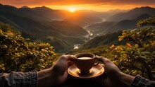 Hand holding a cup of hot tea and natural view of mountain landscape at sunset