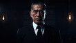 Cool serious looking old asian man wearing suit, tie and  isolated on dark background. Businessman, boss, mafia, bodyguard. Digital illustration generative AI.