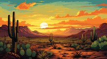 Scenic View Of Saguaro National Park During Sunrise In Landscape Comic Style. Giant Cactus. Digital Illustration Generative AI.