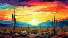 Abstract Mixed Grunge Colors Landscape Of Saguaro National Park During Sunrise Background Painting. Giant Cactus. Digital Illustration Generative AI.