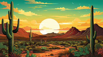 Scenic view of saguaro National Park during sunrise in landscape comic style. Giant cactus. Digital illustration generative AI.