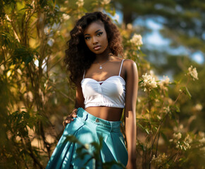 Wall Mural - A beautiful young dark-skinned woman with velvety skin, dressed in a white top and turquoise skirt, poses gracefully against a blurred nature background.