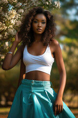 Wall Mural - A beautiful young dark-skinned woman with velvety skin, dressed in a white top and turquoise skirt, poses gracefully against a blurred nature background.