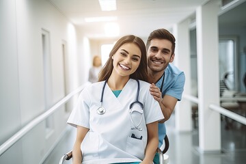 Male and a female doctor in clinical uniforms, collaborate in a hospital office, providing expert care with a friendly and cheerful demeanor.