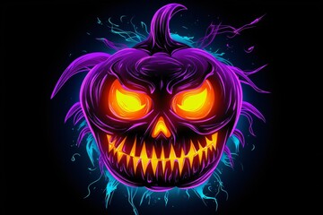 Wall Mural - Graphic neon pumpkin lantern with evil smile