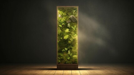 Wall Mural - Fantasy green landscape inside glass door with light rays 3D rendering