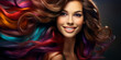 Portrait of young beautiful woman with long flowing perfect healthy dyed hair. Rainbow Hairstyles