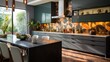 A contemporary kitchen with a bold tile backsplash and unique fixtures