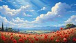 Illustration landscape with a huge field of bright red poppies.