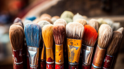 Wall Mural - different colored paint brushes on wooden table