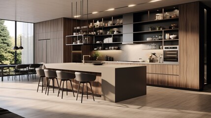 A contemporary kitchen with a sleek waterfall island and open shelving