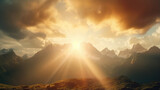 Fototapeta Góry - Experience the raw power of nature in this lens flare scene, as the sun breaks through stormy clouds over a dramatic mountain range, the rugged peaks in a majestic golden light.