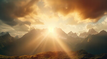 Experience The Raw Power Of Nature In This Lens Flare Scene, As The Sun Breaks Through Stormy Clouds Over A Dramatic Mountain Range, The Rugged Peaks In A Majestic Golden Light.