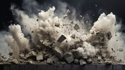 a concentrated explosion demolishing a concrete wall, sending fragments and dust into the air.