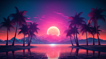 Wall Mural - Abstract 3d synthwave colorful neon background banner 
