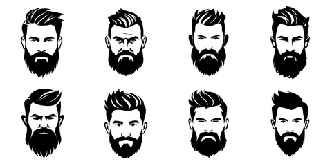 Wall Mural - Man face portrait with full beard and mustache. Haircut black silhouette vector collection