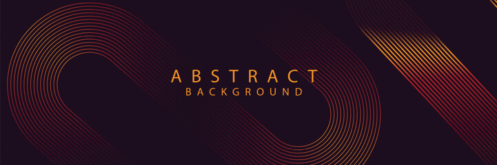 Futuristic abstract background. Glowing red orange geometric lines design on dark red background. Modern shiny orange diagonal rounded lines pattern. Horizontal banner template with space for text