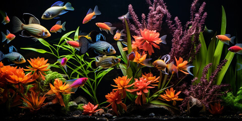 Wall Mural - A vibrant aquarium ecosystem with angelfish, guppies, and corydoras catfish coexisting