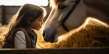 A Friendship Between A Little Girl And A Horse, Both Touching Noses Lovingly. Barn Setting, Hay In The Background