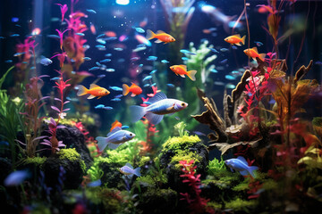 Wall Mural - a freshwater aquarium with a focus on a school of neon tetras swimming amongst live plants
