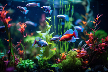 Wall Mural - a freshwater aquarium with a focus on a school of neon tetras swimming amongst live plants