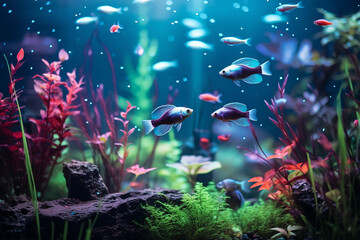 Wall Mural - a freshwater aquarium with a focus on a school of neon tetras swimming amongst live plants