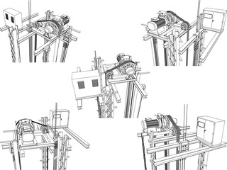 Wall Mural - Vector sketch illustration of the system design of how a vintage old model elevator works