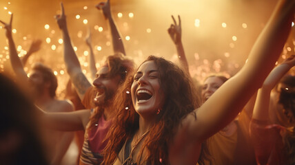 Woman dancing and smiling, enjoying herself at summer outdoor music dance festival