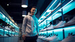 © Visual Studio - Candid shot of handsome male inside futuristic style sneaker shoe store shopping in mall