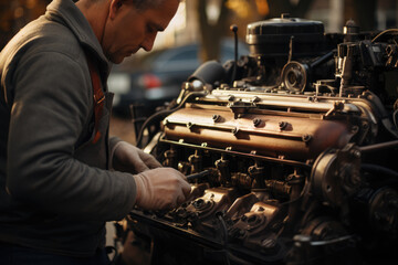 Poster - a close-up of a person's hand cranking the engine, a pioneering automobile. generative ai.