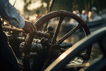 Poster - a close-up of a person's hand steering a steam-powered paddleboat, a symbol of river transportation 