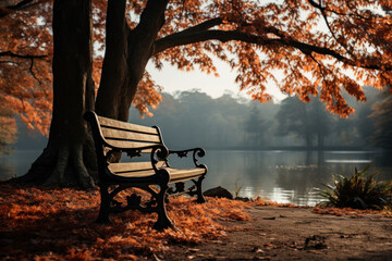 Poster - A solitary bench in a park invites passersby to sit and enjoy the tranquil beauty of nature's autumn transformation. Concept of Quiet Contemplation. Generative Ai.