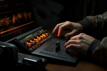Poster - a close-up of a person's hand turning off unused electronic devices, reducing 