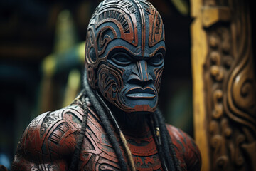 Poster - Traditional Maori carvings and artwork in New Zealand, illustrating the cultural identity and heritage of the indigenous Maori people. Generative Ai.