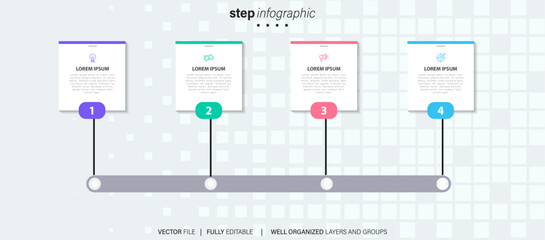 infographic template 4 step business planning to success multi colored rectagles with icon. template background design for marketing, finance, product.
