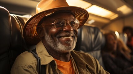 A senior seated on a plane ready for take off. Generative AI. 