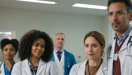 Wall Mural - Multiethnic group of doctors in discussion showcasing diversity and medical expertise