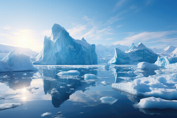 Wall Mural - Icebergs calving off a glacier, underscoring ice loss in polar regions. Generative Ai.