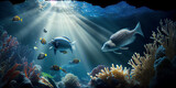 Fototapeta Do akwarium - Multi-colored tropical fish swimming underwater against the backdrop of a coral reef and refracted underwater sunlight. Generative AI
