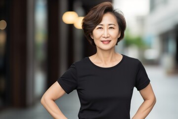 Group portrait photography of a Vietnamese woman in her 50s wearing a casual t-shirt against a modern architectural background