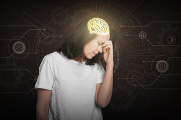 Memory. Woman with illustration of brain trying to remember something on black background with scheme