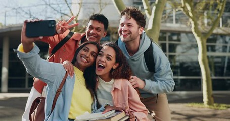 Wall Mural - Students, group of people and university selfie for education, learning and study influencer on social media and campus. Happy gen z friends in school profile picture, knowledge and college outdoor